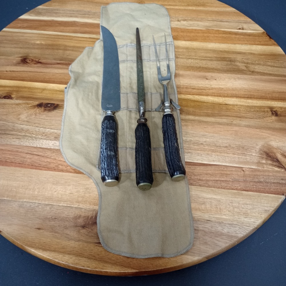 Vintage Universal Black Stag Antler Handled 3 Pc Stainless Resistain Carving Set